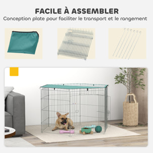 Parc pour chien  6 panneaux - avec toit, modulable et pliable - 76H cm - avec porte - intérieur et extérieur - argent vert