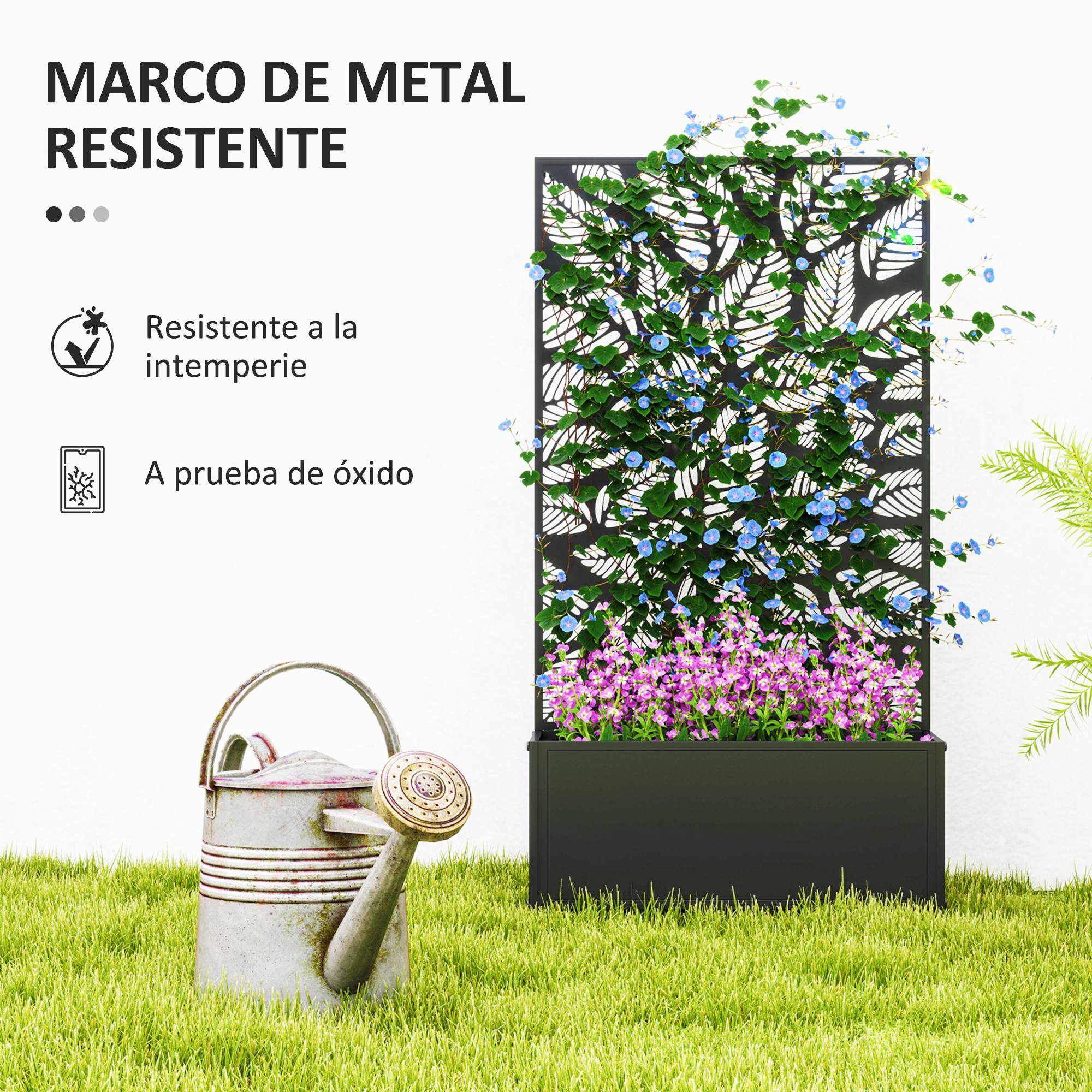 Jardinera Exterior Grande de Metal Jardinera con Pantalla de Privacidad de Hojas Decorativas Jardinera de Pared o Independiente para Patio Terraza 61x23x113 cm Negro