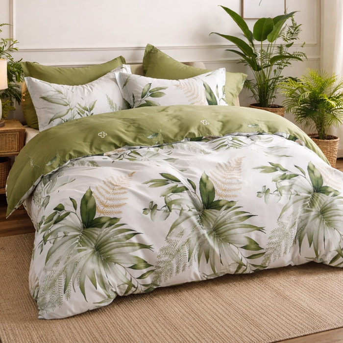 Parure housse de couette 100% coton - Kelys imprimé tropical vert