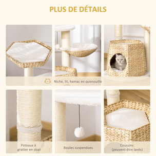 Arbre à chat style cosy chic griffoirs sisal naturel niche 2 paniers avec coussins plateforme 2 boules suspendues quenouille peluche courte crème beige