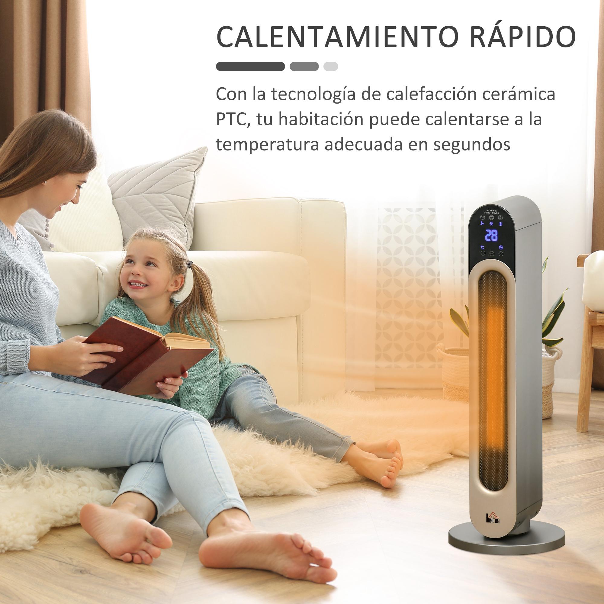 HOMCOM Calefactor Cerámico de Torre 1100/2200W Calentador Vertical con Mando a Distancia Pantalla LED Temporizador de 12H Termostato 3 Modos y Oscilación para 20-25 m² Ø25x73,5 cm Plata