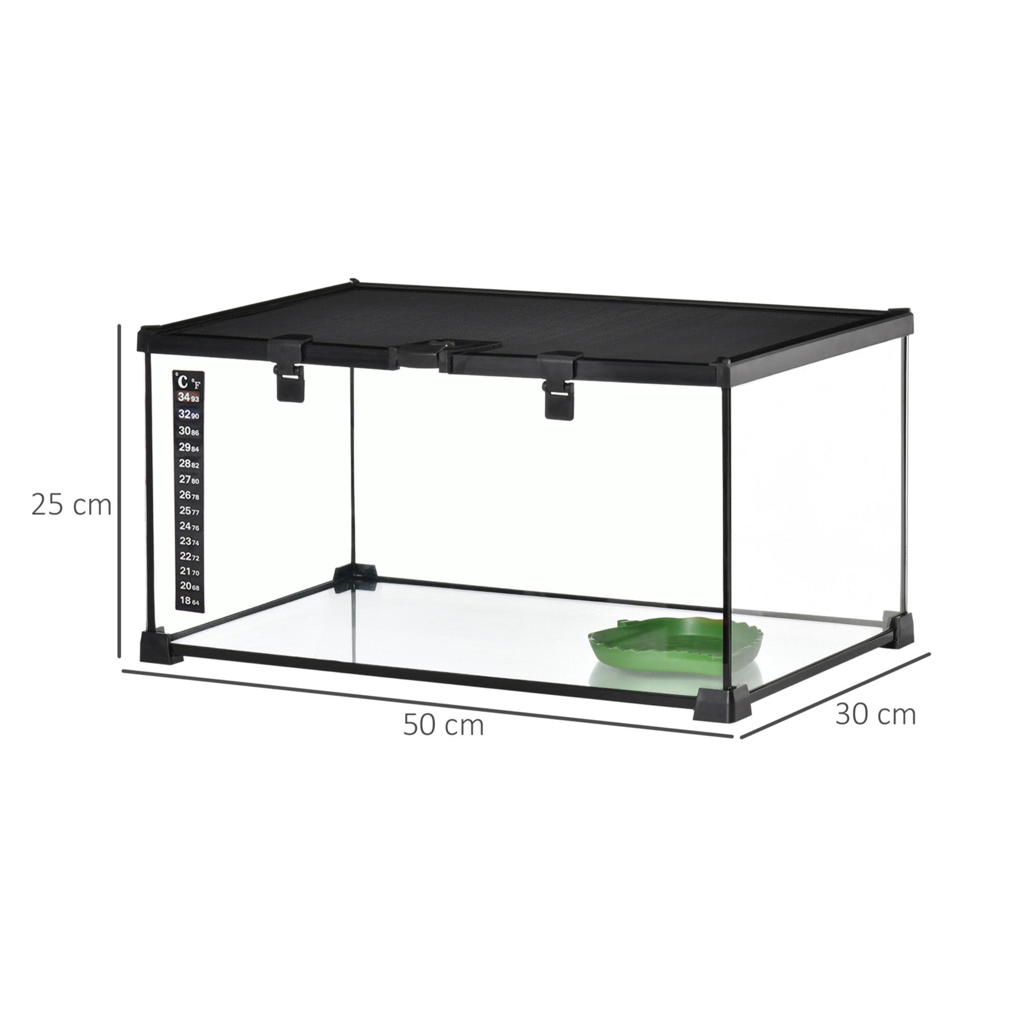 Terrarium en verre - vivarium reptiles & batraciens - habitat tortue - couvercle grillagé coulissant verrouillable - distributeur eau, thermomètre inclus - métal noir verre