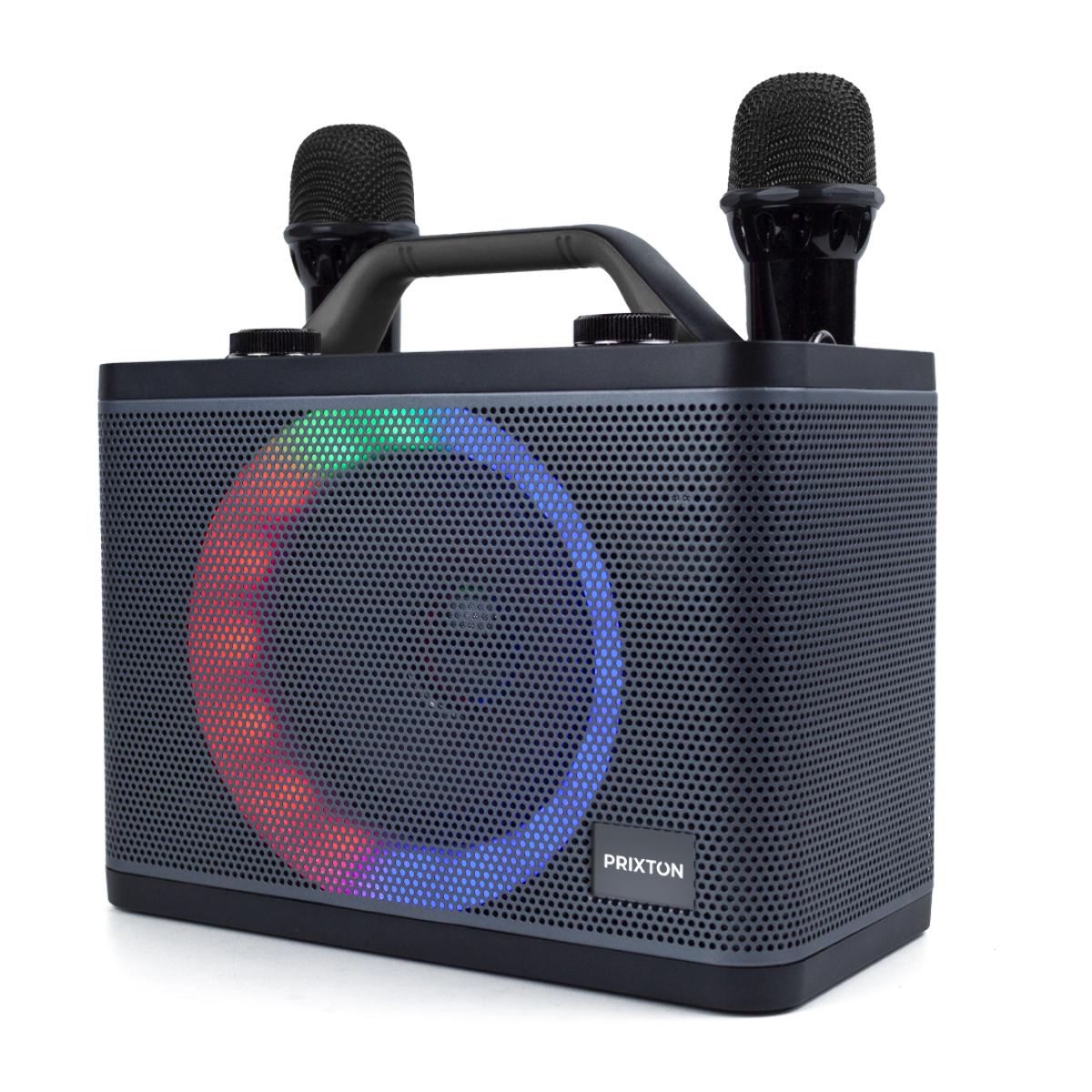 PRIXTON Karaoke Portátil PartyGo - 2 Micrófonos - Bluetooth, USB, AUX y MicroSD - Luz LED