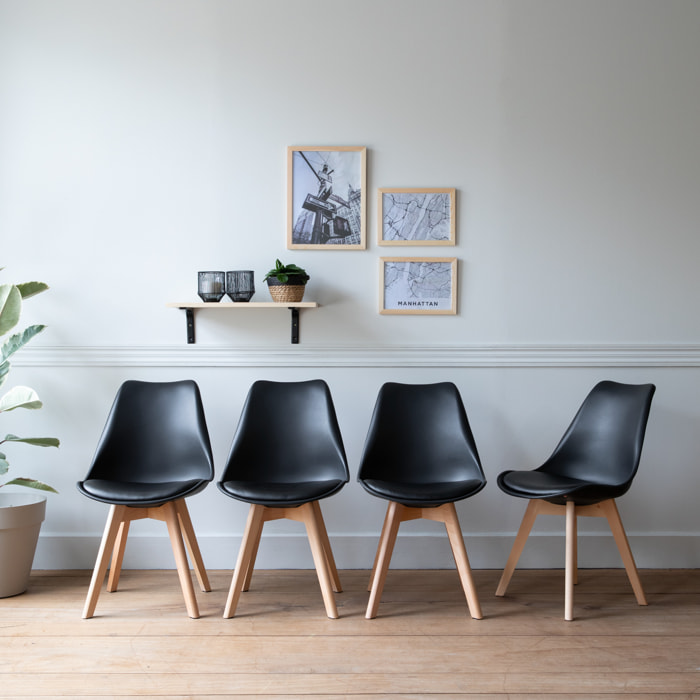 Lot de 4 chaises scandinaves NORA noires avec coussin