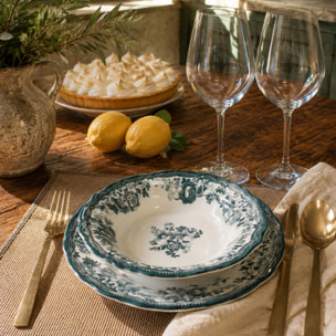 Lot de 6 assiettes creuses fleuries en grès vert 22cm FAUSTINE