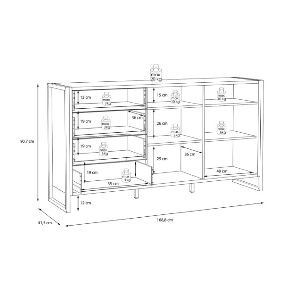 Buffet salon salle à manger bois 2 portes 4 tiroirs L169cm - BUDDY