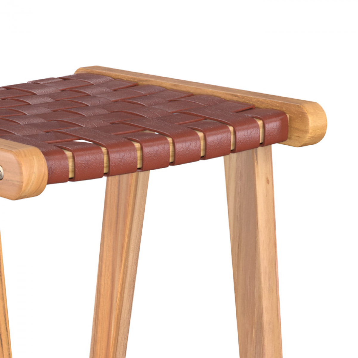 Tabouret de bar mi-hauteur Yuma en teck et cuir tressé marron