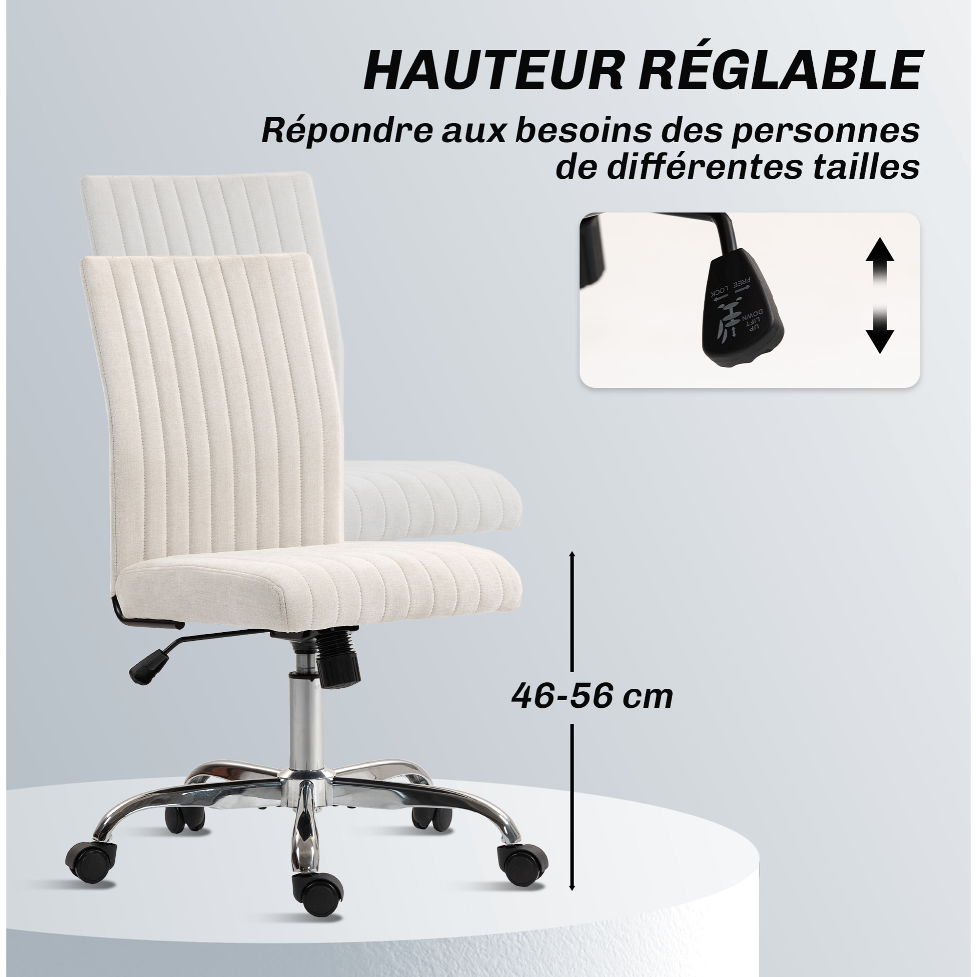 Chaise de bureau design sans accoudoirs surpiqûres verticales tissu blanc cassé