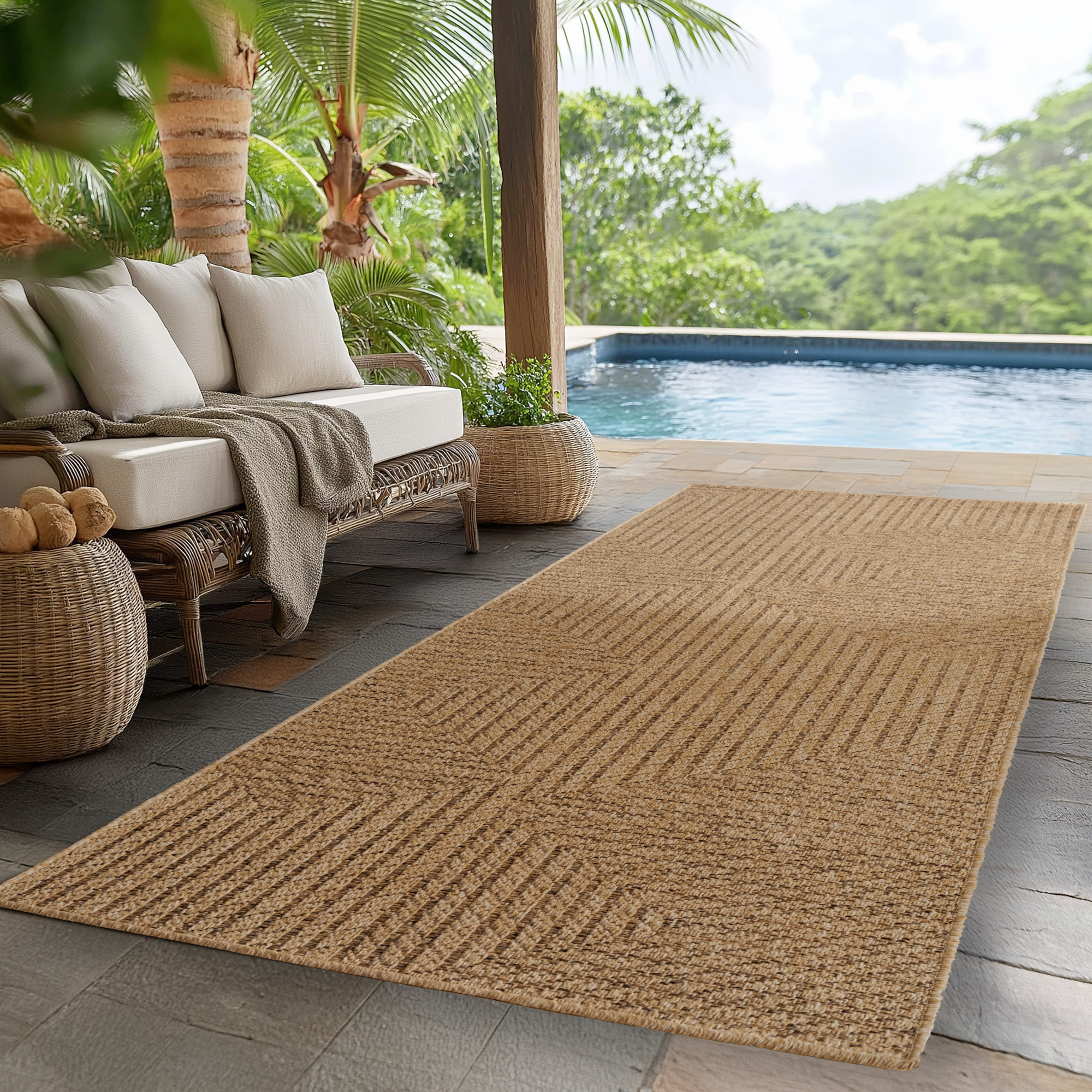 LINORA - Tapis intérieur/extérieur beige effet jute à motif graphique