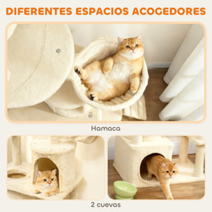 Árbol Rascador para Gatos Grande, Árbol para Gatos, Altura 170 cm, Torre de Escalada con 7 Postes, 1 Túnel, 3 Plataformas, 2 Cuevas, 1 Hamaca, 1 Percha, 1 Rampa, Pompones, Beige