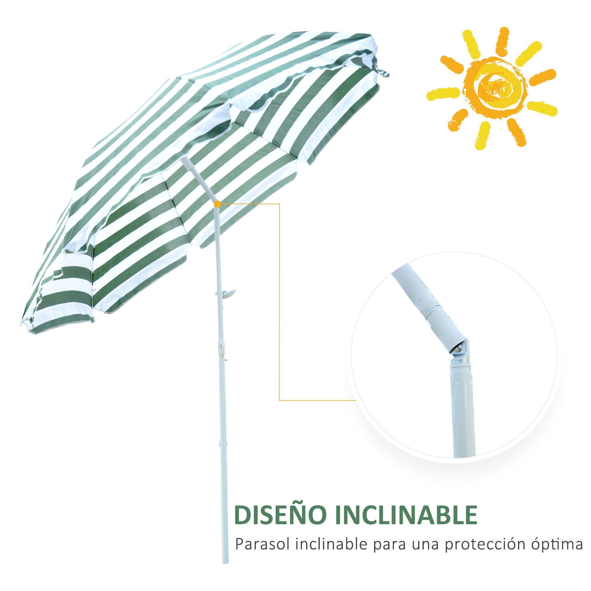 Sombrilla de Playa Ø180 cm con Techo Inclinable y Poste de Metal Protección Solar para Jardín Terraza Exterior Rayas Verde y Blanco