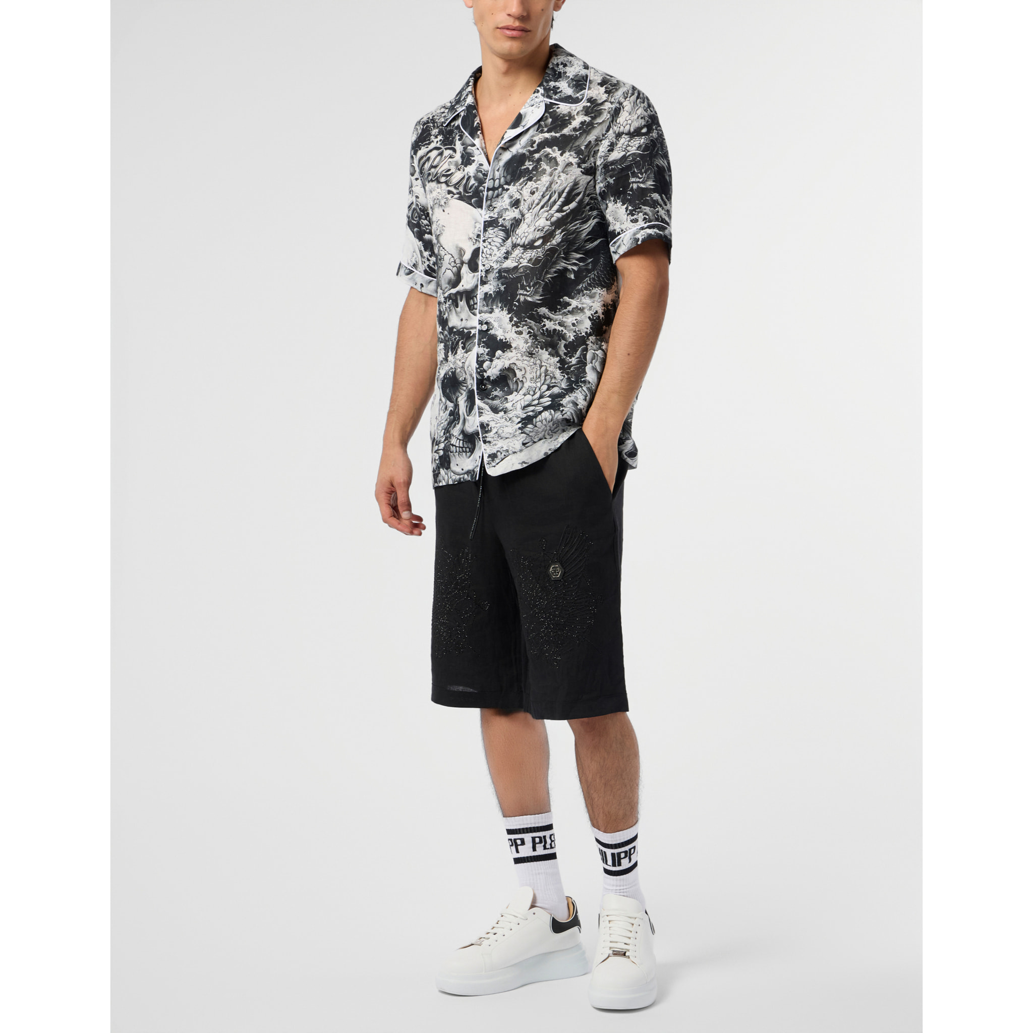 PHILIPP PLEIN Linen Bowling Shirt All-Over Ceramic