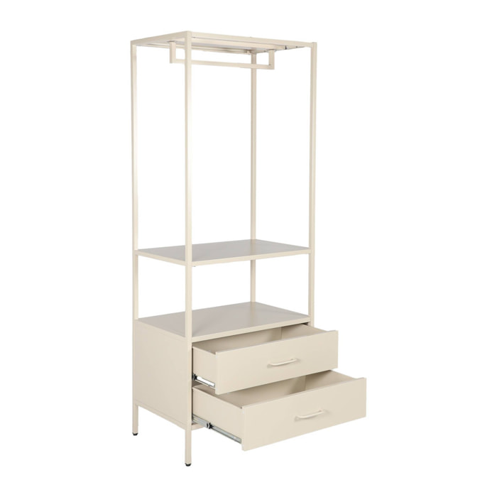 Meuble d'entrée. porte manteau métal crème avec penderie et 2 tiroirs. L 70 x P 45 x H 180cm - Idaho