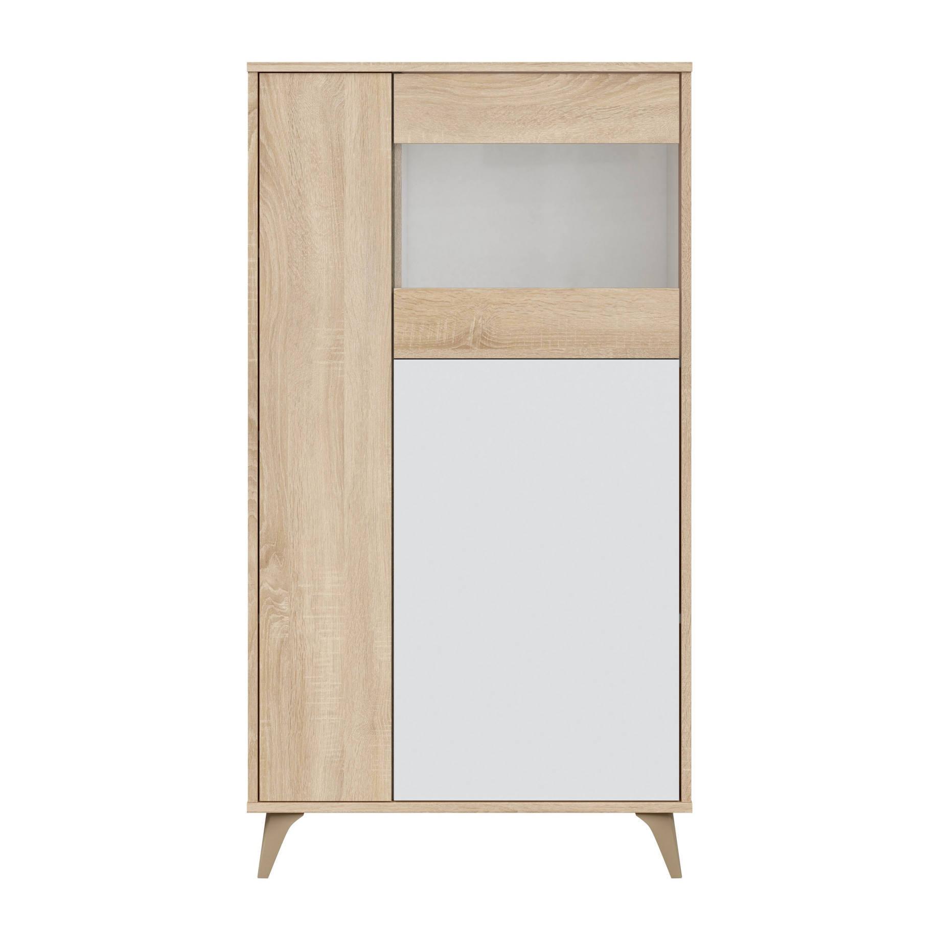 Vetrina Atlanta, Vetrinetta moderna a 3 ante, Credenza da soggiorno o salotto, Madia alta con ripiani, cm 77x33h142, Rovere e Bianco