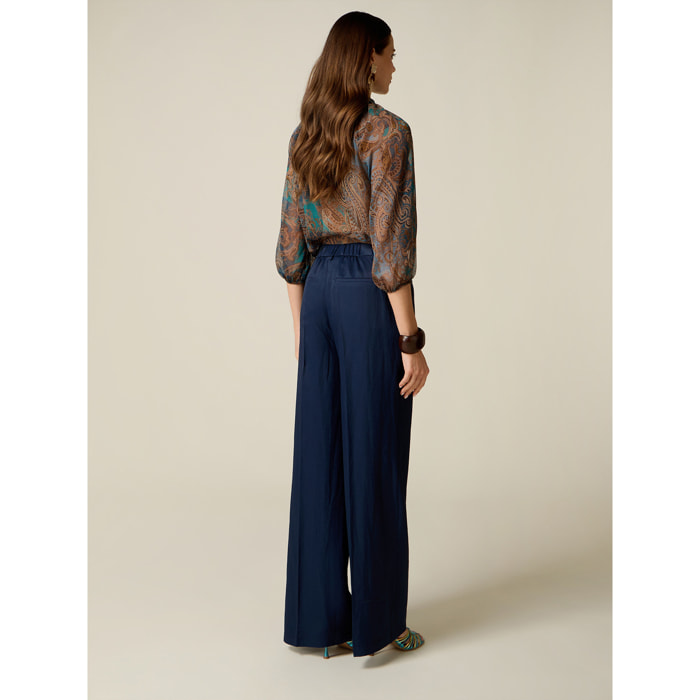 Oltre - Pantaloni palazzo misto lino - Blu