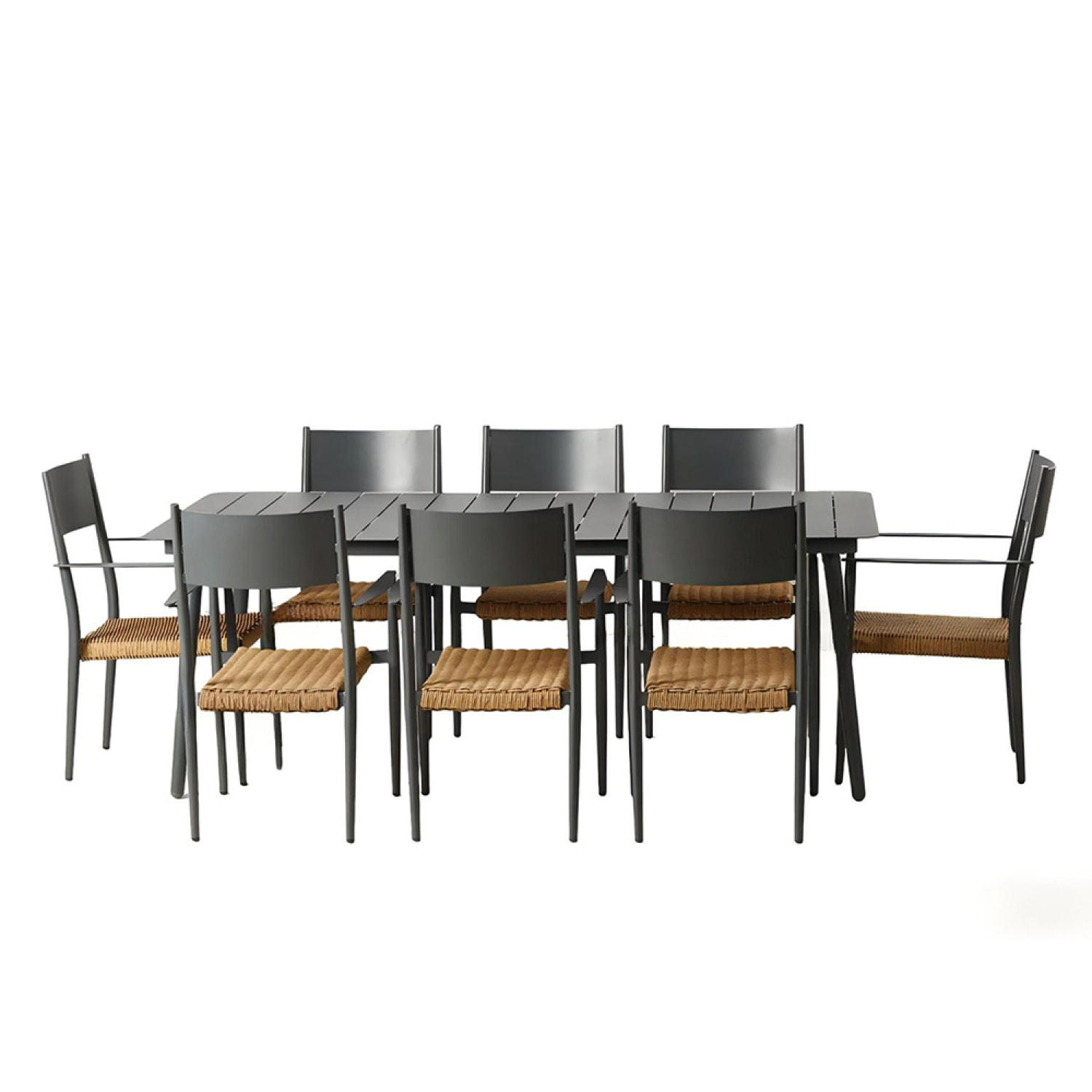 Ensemble table de jardin 200 cm et 8 fauteuils gris foncé effet rotin BRADDON