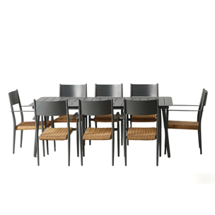 Ensemble table de jardin 200 cm et 8 fauteuils gris foncé effet rotin BRADDON