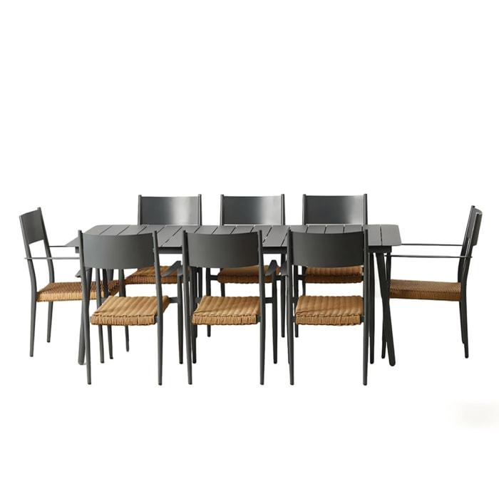 Ensemble table de jardin 200 cm et 8 fauteuils gris foncé effet rotin BRADDON