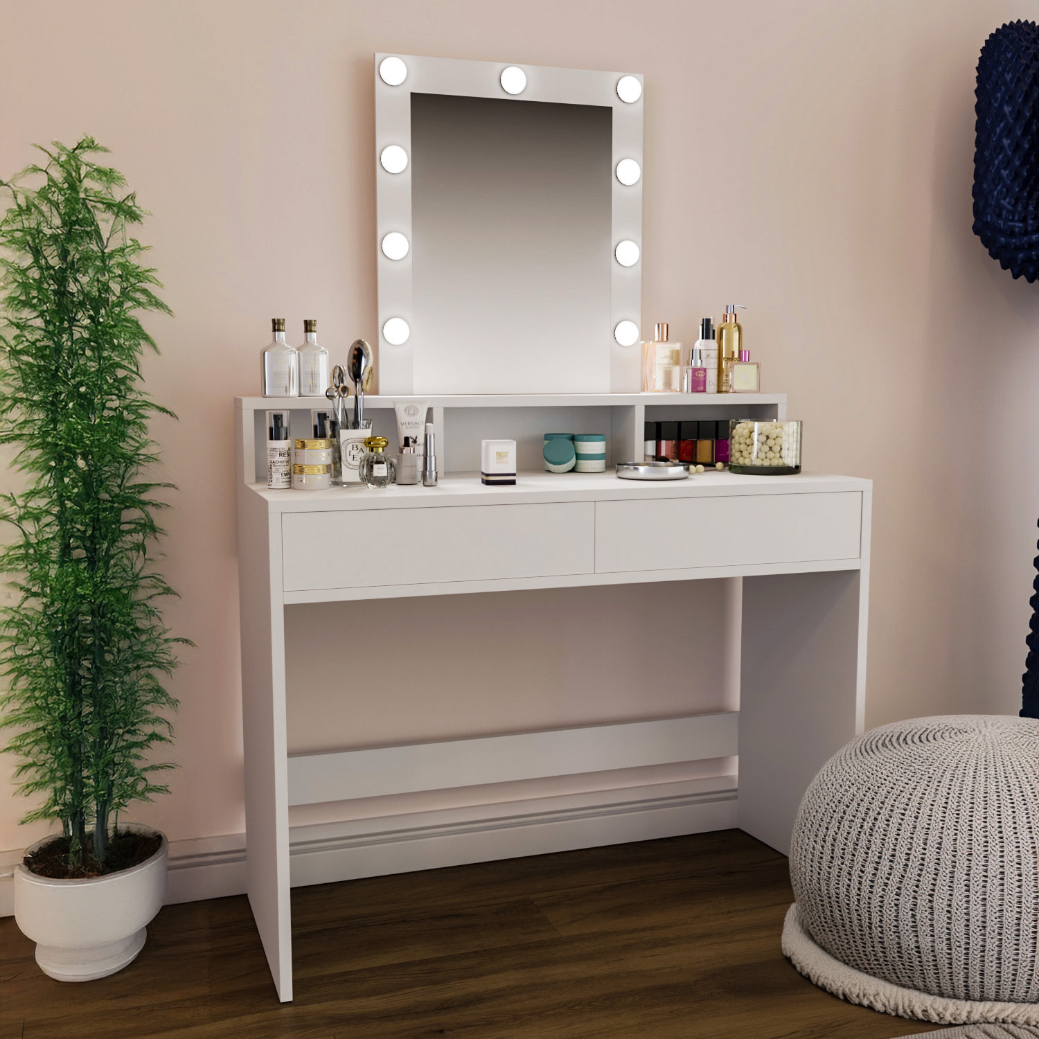 Toeletta Tavolino Da Trucco Tavolo Con 9 Luci LED Con Luminosità Regolabile Specchio 2 Cassetti 3 Vani A Giorno Postazione Make Up 40 x 100 x 145 Cm