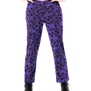 Mamatayoe Acquerello. Pantalón Largo Estampado de Mujer de Color Morado para Otoño Invierno. Pantalón de Vestir Recto de Algodón con Cintura Cruzada y Bolsillos Laterales.