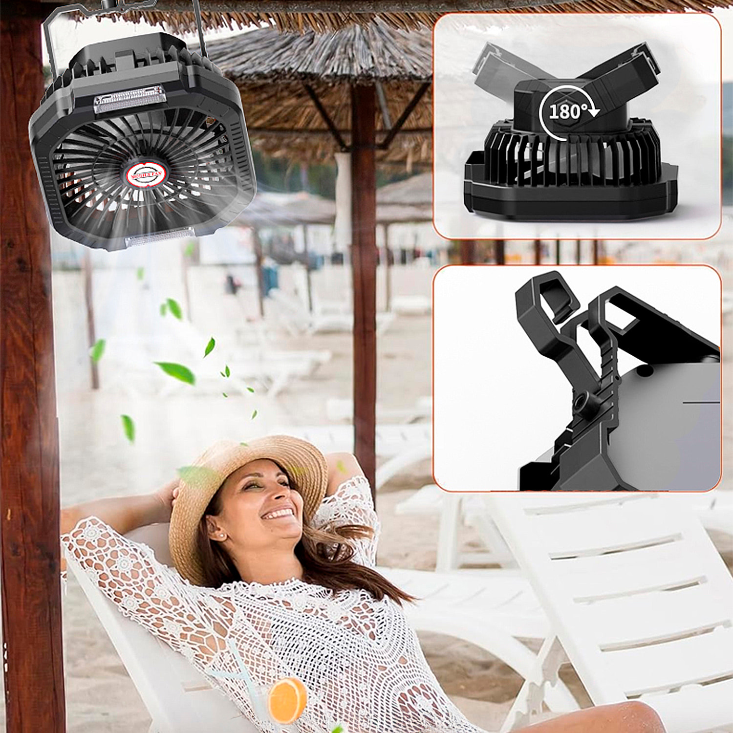 Ventilador P10 con motor sin escobillas, LED con 16 luces, 4 velocidades, 3 niveles de luz y 3 temporizadores. Incluye mando y powerbank de 7800 mAh.