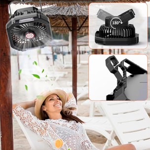 Ventilador P10 con motor sin escobillas, LED con 16 luces, 4 velocidades, 3 niveles de luz y 3 temporizadores. Incluye mando y powerbank de 7800 mAh.