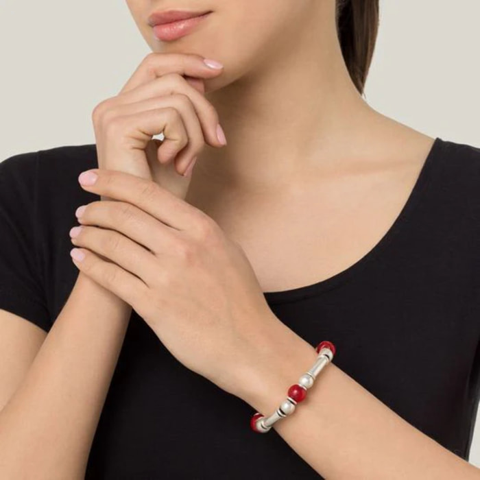 Pulsera cuero y plata Liss multibead rojo