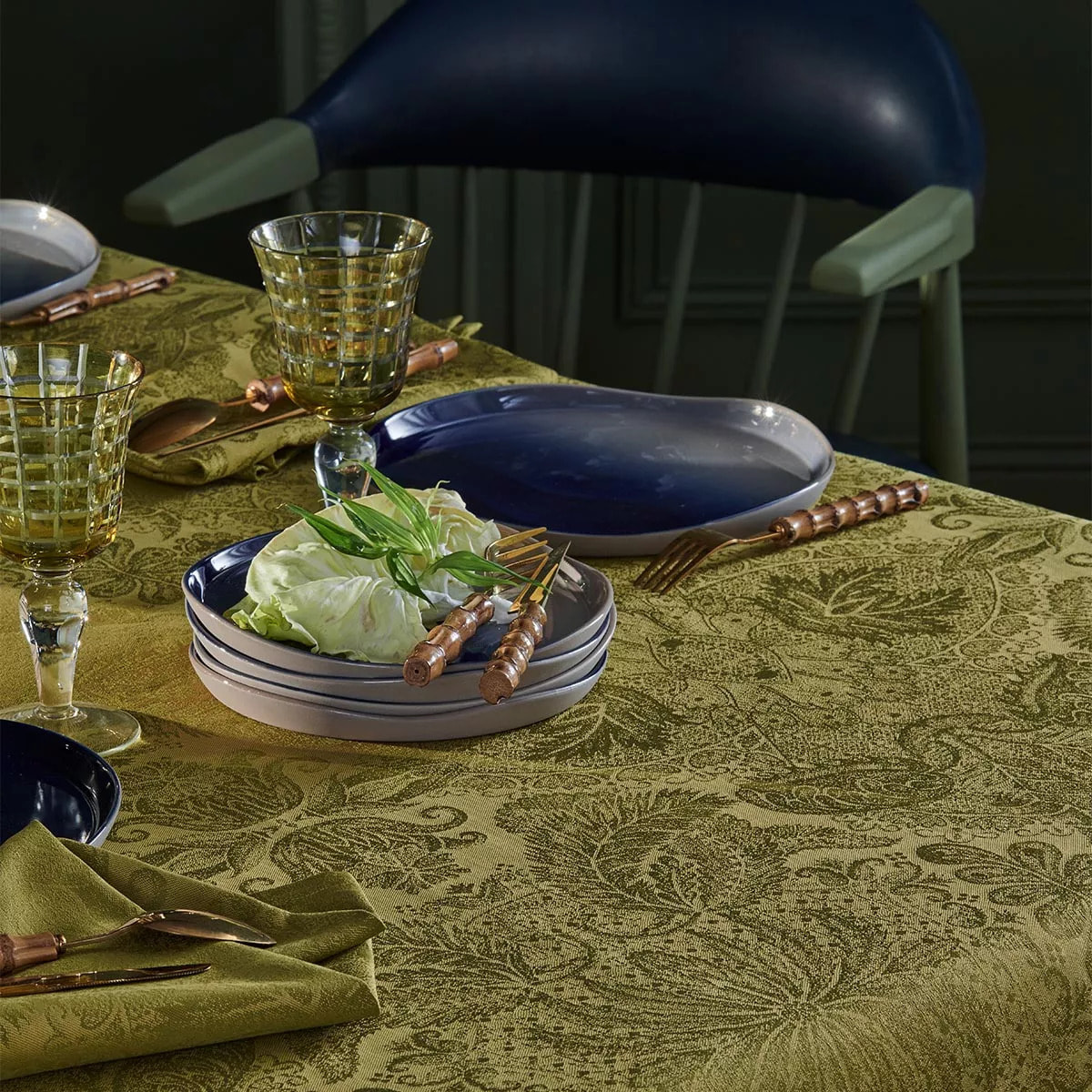 Chemin de table pur coton motif jacquard or Mille isaphire vermeil