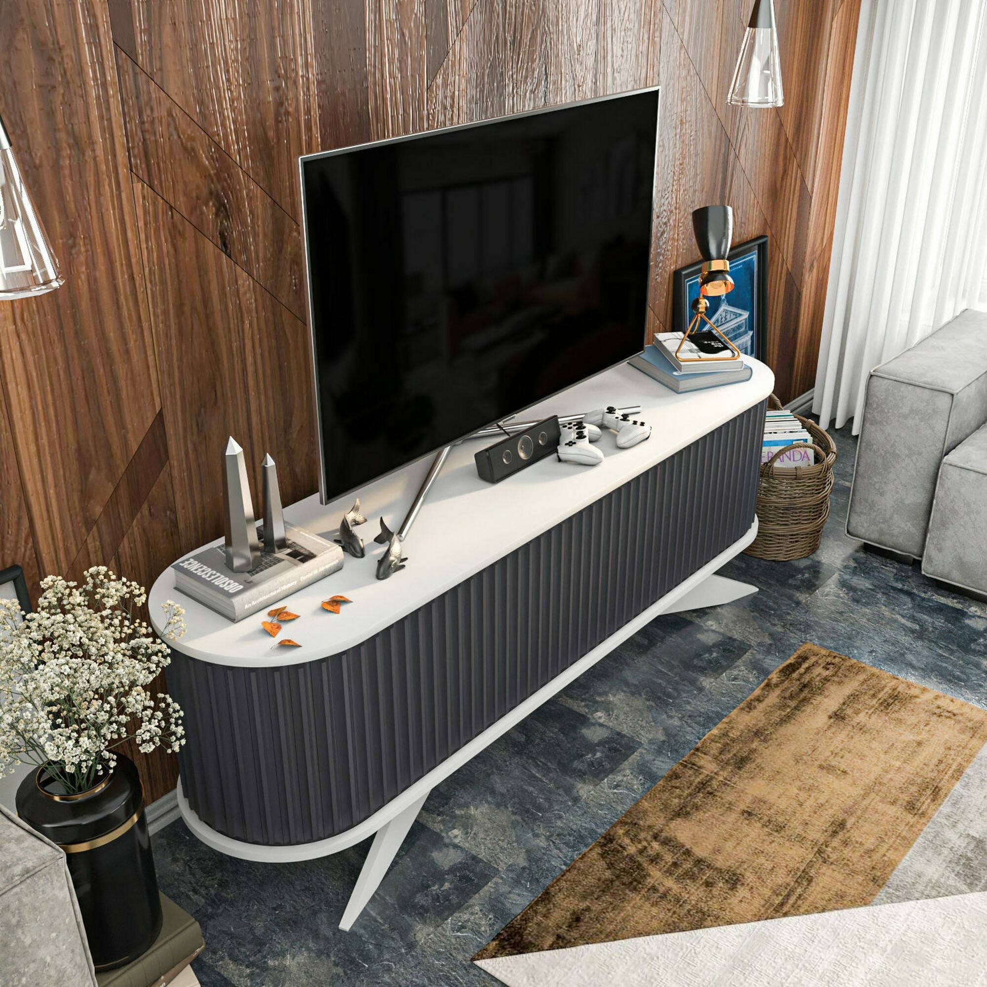 Mobile porta TV Desteve, Credenza da soggiorno, Armadio basso per TV, Base parete attrezzata, 180x43h60 cm, Antracite e Bianco