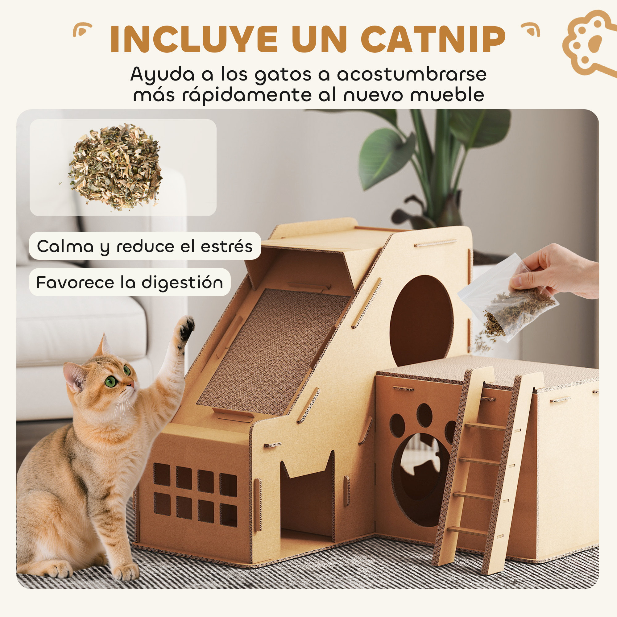 Rascador Cartón para Gatos Forma Castillo 2 en 1, Rascador para Gatos con 2 Zonas de Rascado, Catnip, Rampa y Escalera, para Interior, 67x66x57 cm, Marrón