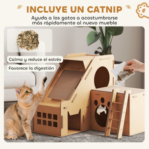 Rascador Cartón para Gatos Forma Castillo 2 en 1, Rascador para Gatos con 2 Zonas de Rascado, Catnip, Rampa y Escalera, para Interior, 67x66x57 cm, Marrón