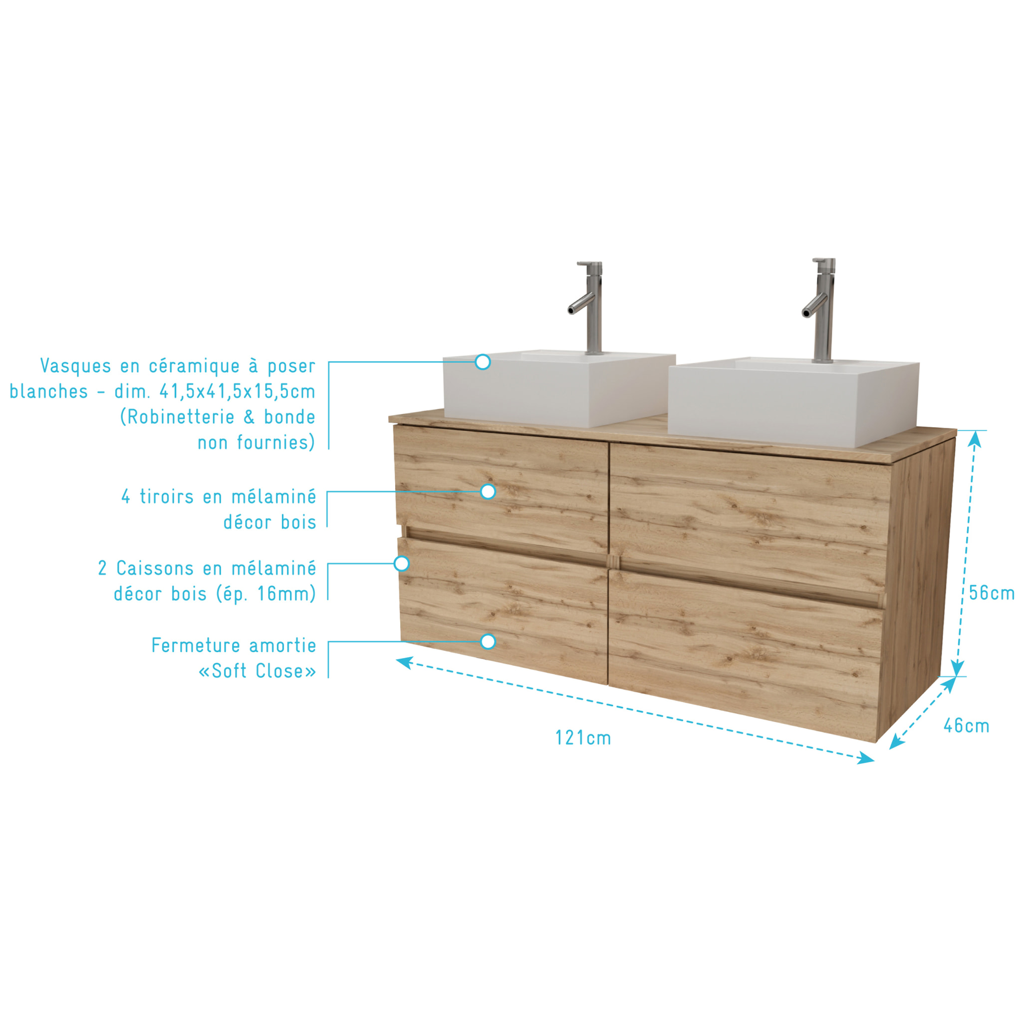 Meuble Salle de Bains 120cm 4 Tiroirs Chêne Naturel - 2 Vasques Carrées 41x41x15cm Blanches