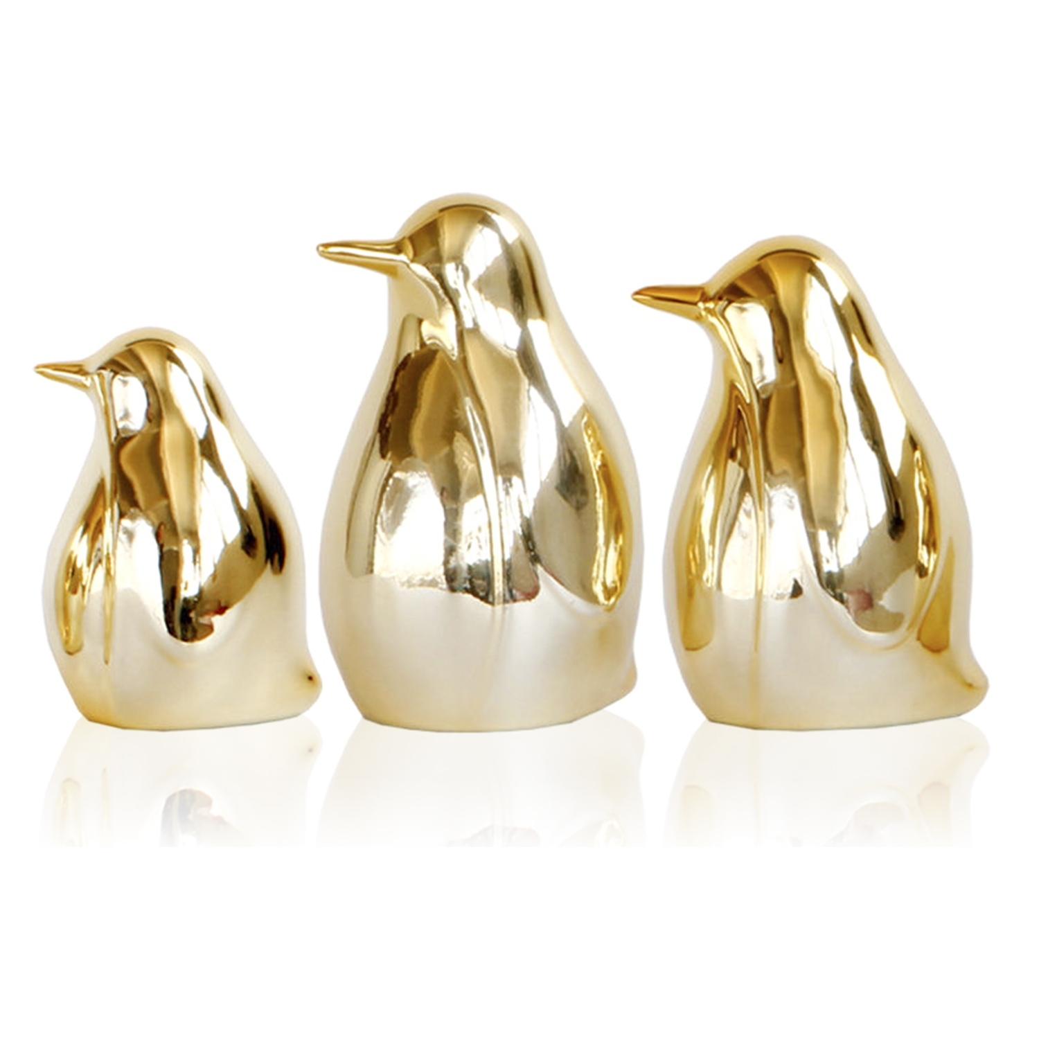 DAM Set 3 Pezzi Figure Decorative Pinguini in Porcellana Dorata 10x13x11 Cm. Colore: oro