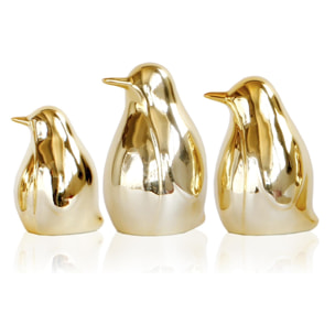 DAM Set 3 Pezzi Figure Decorative Pinguini in Porcellana Dorata 10x13x11 Cm. Colore: oro