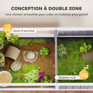 Terrarium maison tortue sur pied - niche, plateau déjection, support lampe - bois blanc gris