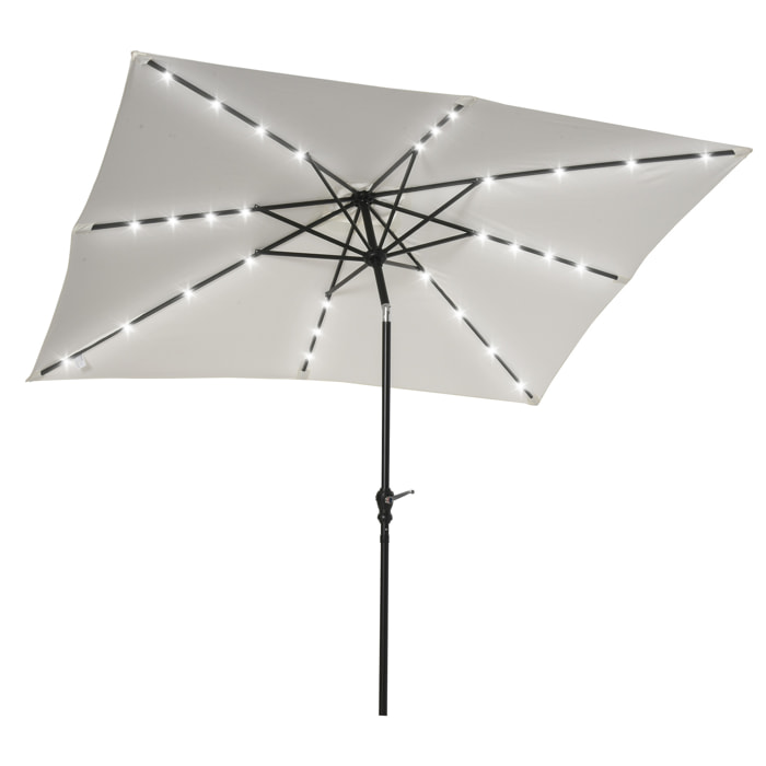 Sombrilla Terraza Exterior 268x205x248 cm Sombrilla de Jardín con Techo Inclinable hasta 45° Luces LED Solares Poste de Acero y Manivela Parasol para Patio Terraza Blanco