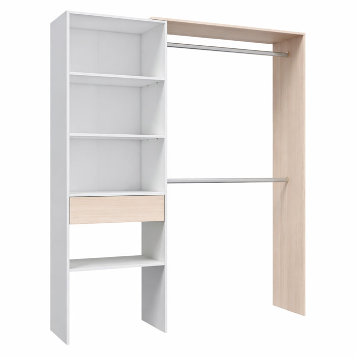 Armadio Guardaroba Con 2 Barre Appendiabiti 4 Ripiani E Cassetto Armadietto Mobile Salvaspazio Reversibile Camera 187x40x158 Cm Bianco Opaco e Rovere