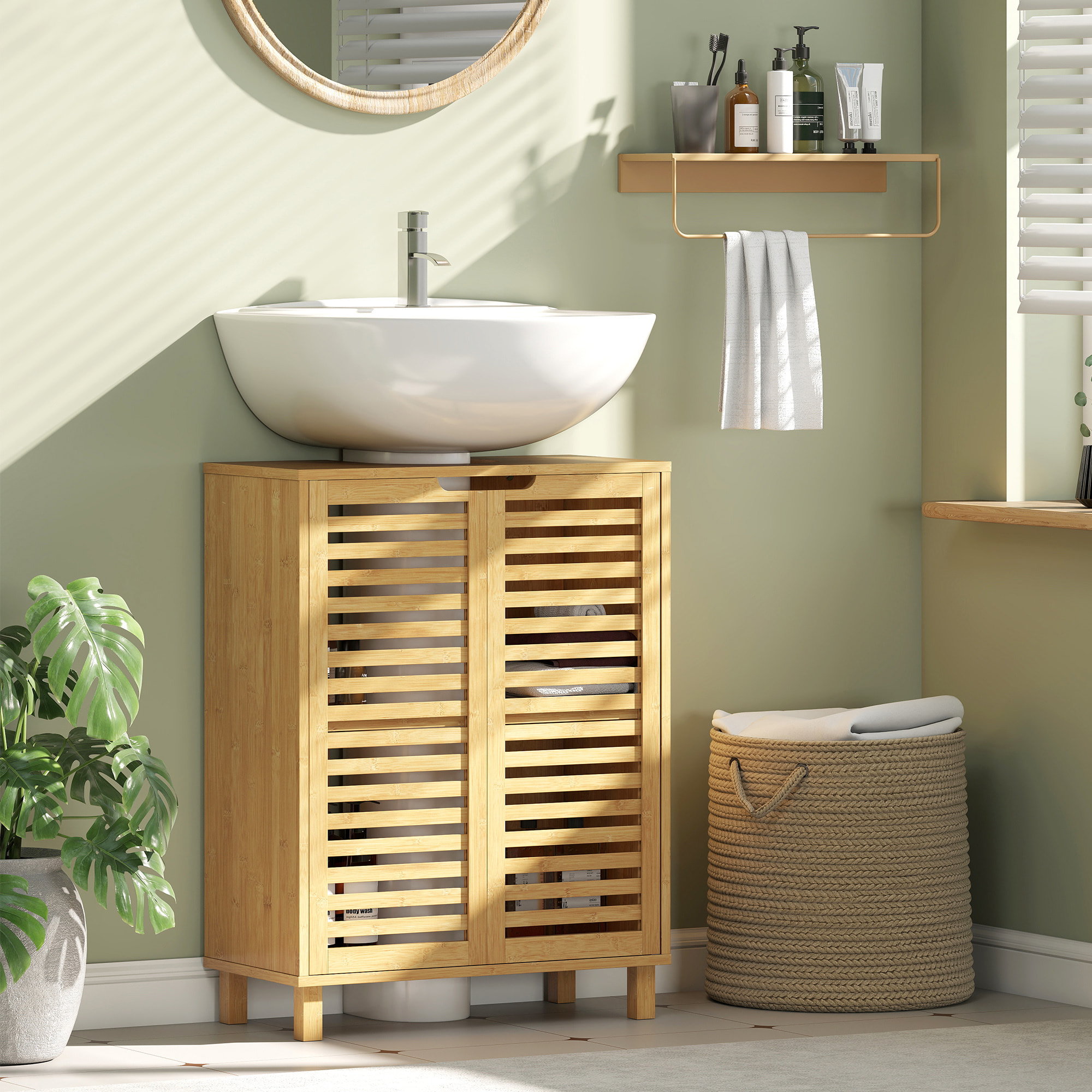Mueble Bajo Lavabo, Mueble de Baño de Bambú con 2 Puertas de Lamas, Estante Ajustable, para Lavabos con o sin Pedestal, 60x30x80 cm, Natural