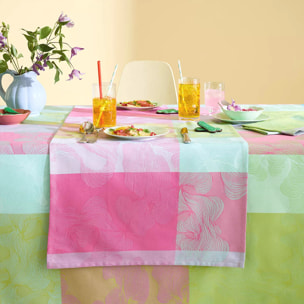 Nappe pur coton motif jacquard bleu rose vert Mille vertiges ara
