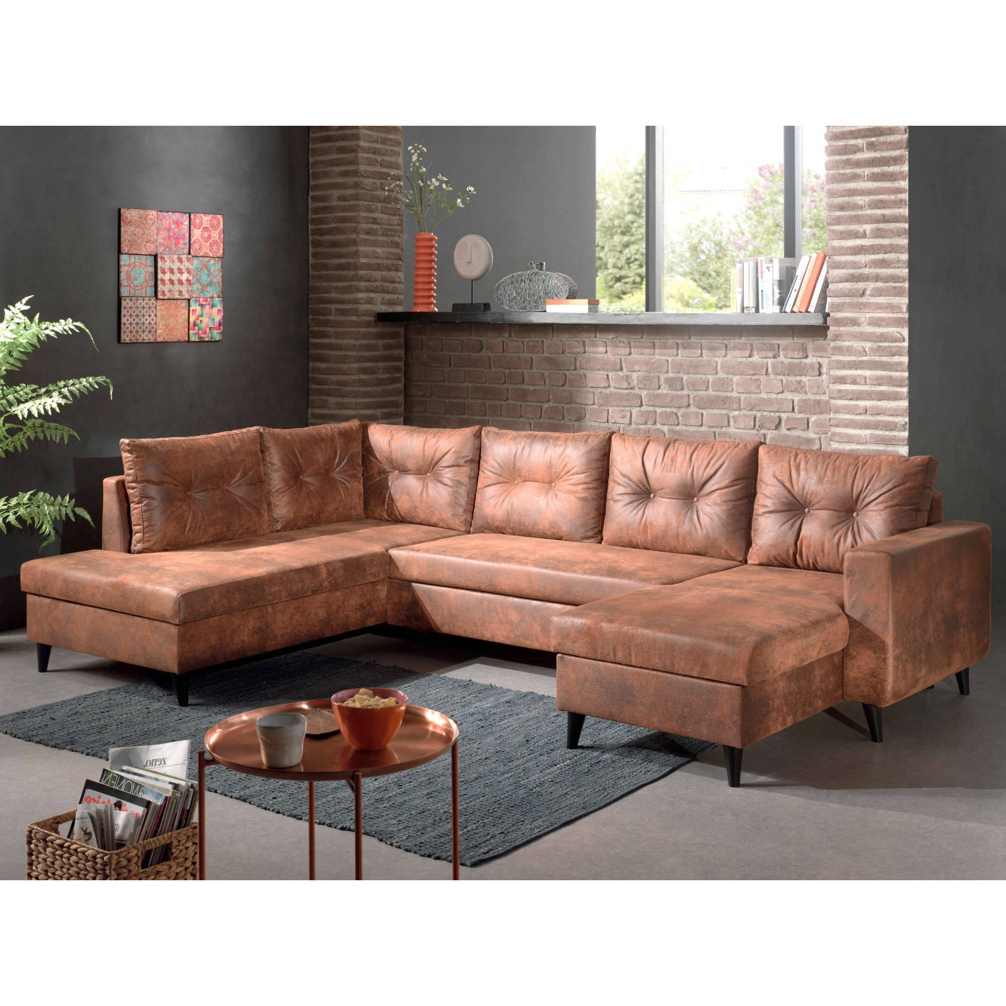 NORDIC - Canapé panoramique en U - 7 places - Convertible - Industriel vintage - Angle Gauche - Marron
