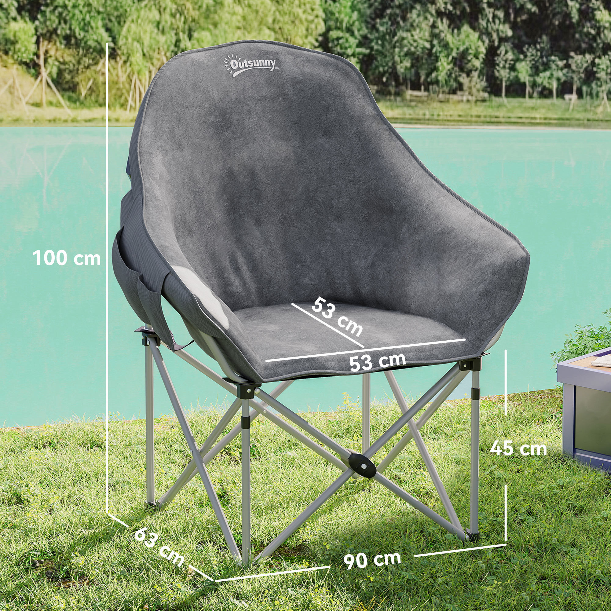 Chaise de camping pliante rembourrée revêtement toucher daim grand confort rangements sac inclus gris