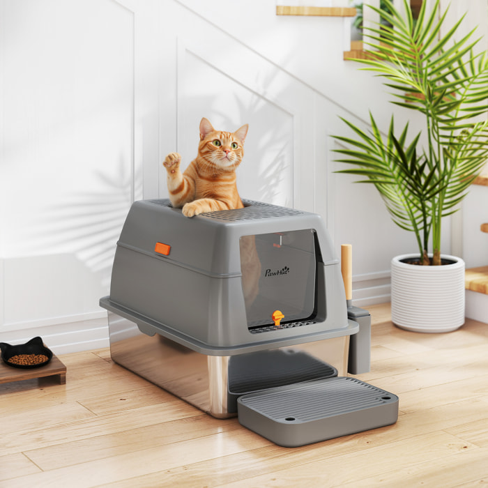 Maison de toilette bac à litière fermé acier inox - pelle, couvercle ouvrant, entrée verrouillable - gris