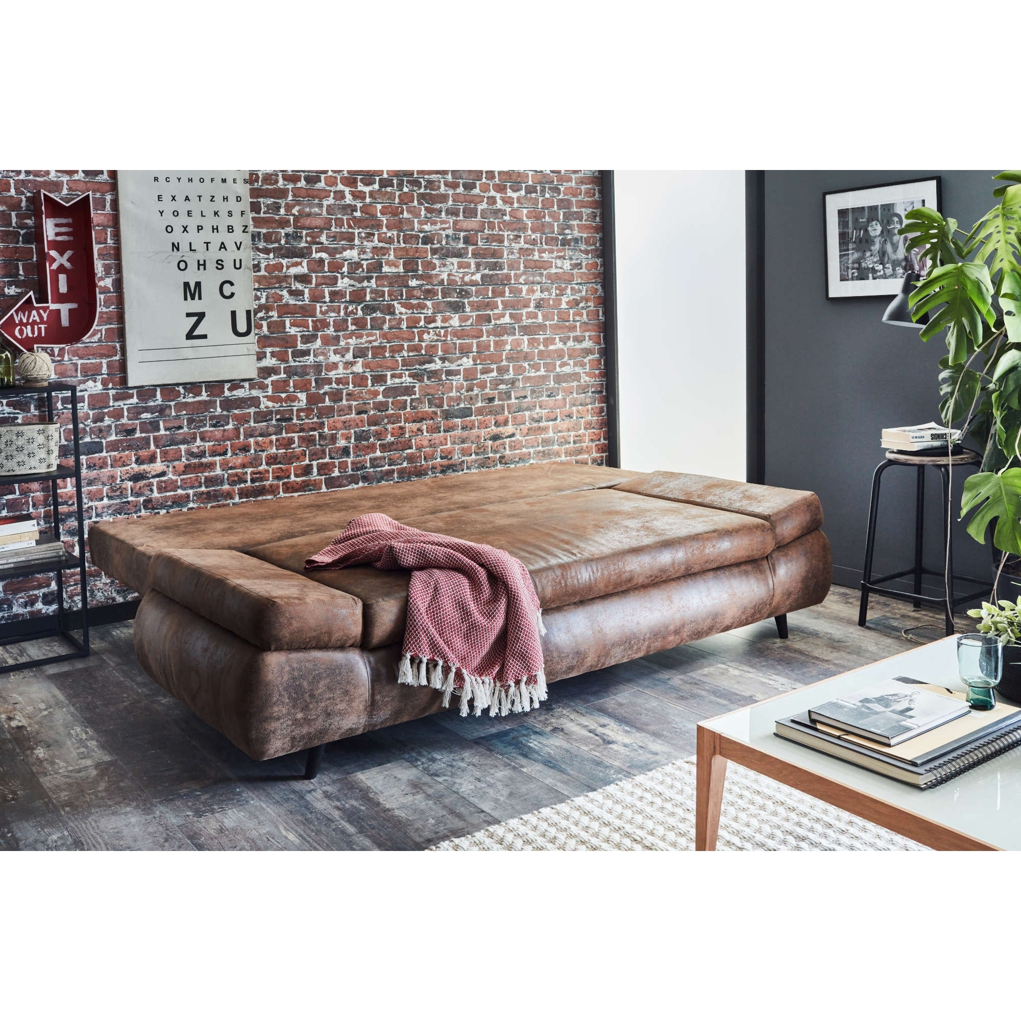 Larson - Canapé droit 3 places convertible - avec coffre de rangement - style industriel - Marron