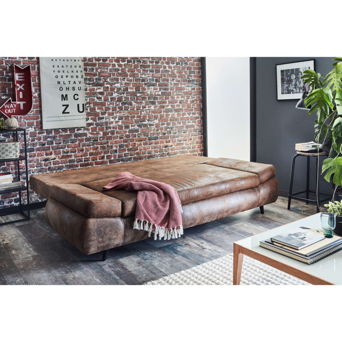 Larson - Canapé droit 3 places convertible - avec coffre de rangement - style industriel - Marron