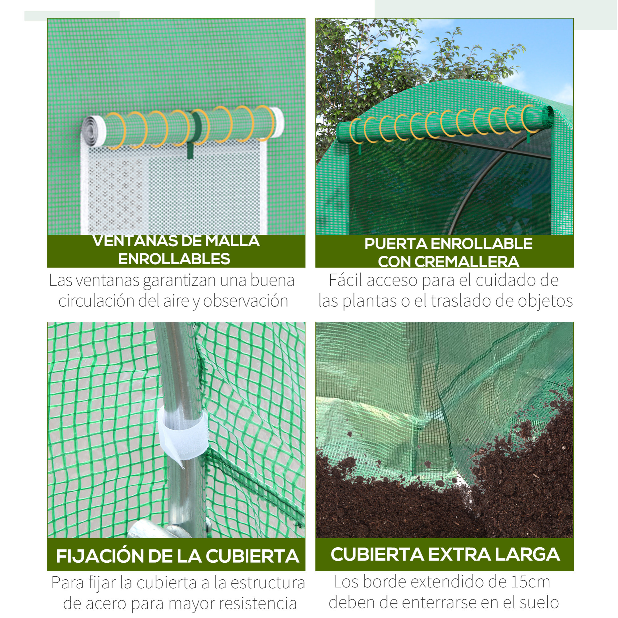 Invernadero de Túnel 400x200x200cm con 6 Ventanas para Cultivo de Plantas Verde