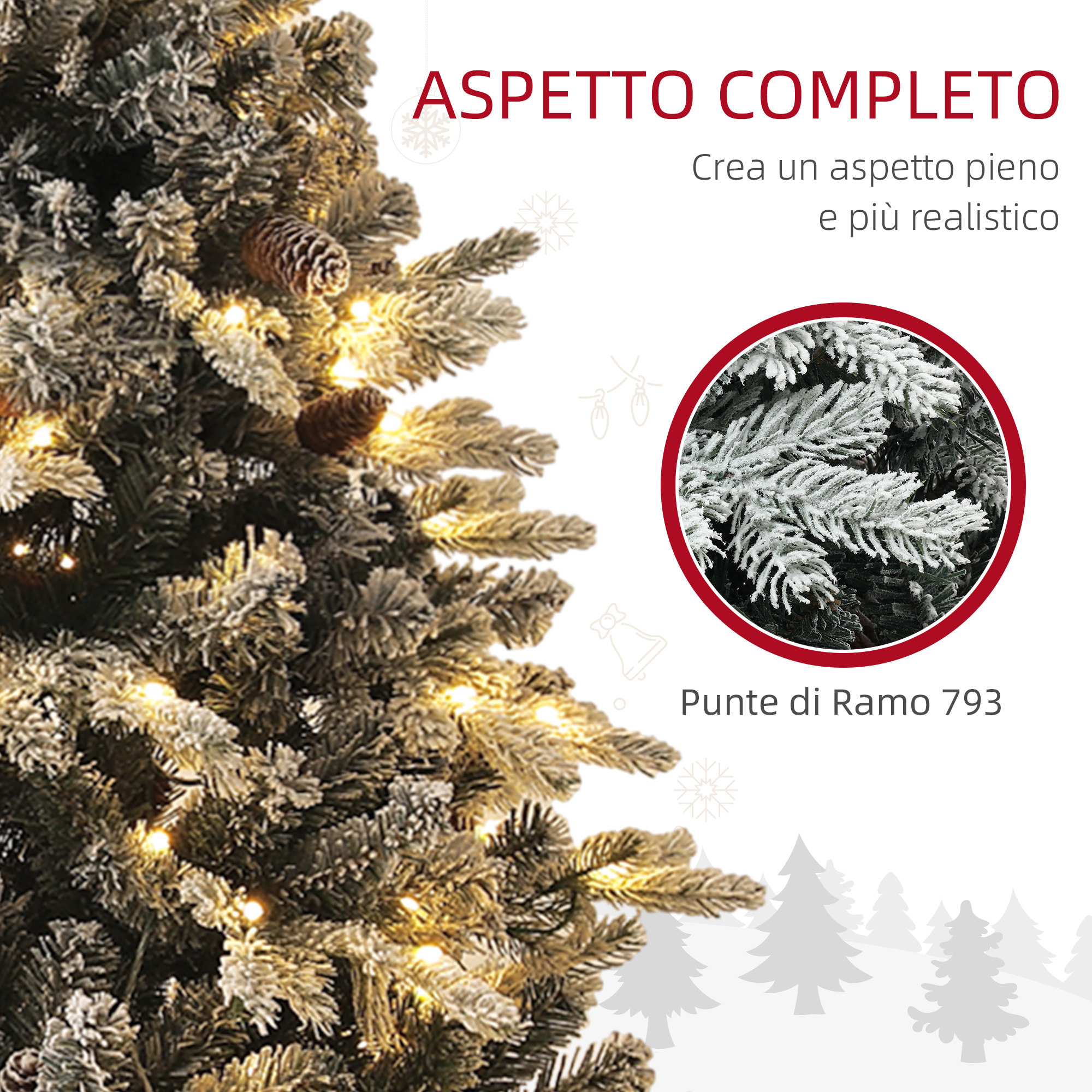 HOMCOM Albero di Natale Artificiale 180cm con 793 Rami, Luci LED e Rami Innevati, Verde