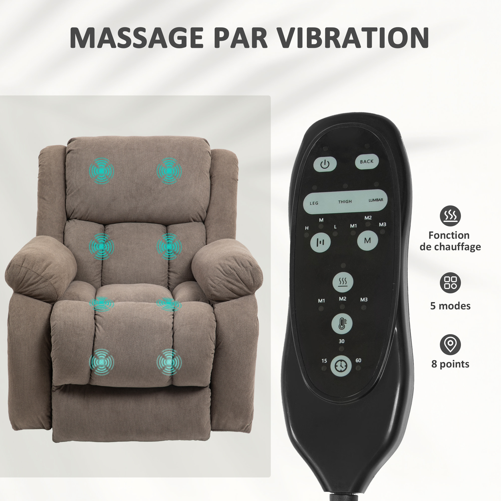 Fauteuil releveur massant chauffant grand confort - inclinable, repose-pieds rétractable - tissu toucher flanelle marron