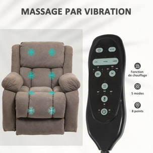 Fauteuil releveur massant chauffant grand confort - inclinable, repose-pieds rétractable - tissu toucher flanelle marron