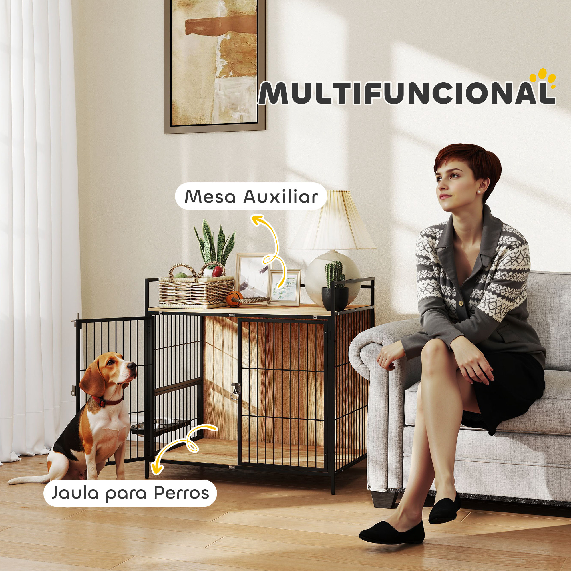 Jaula para Perros Mesa Auxiliar Moderna Casa para Mascotas con Soporte Giratorio con 2 Tazones 2 Puertas y Estante de Almacenamiento Superior para Perros Medianos 80x56x76,5 cm Roble