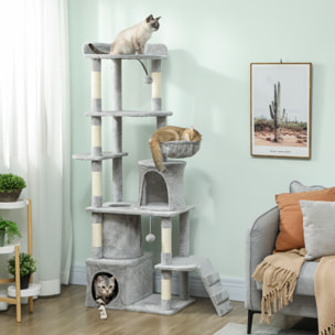 Árbol Rascador para Gatos Grande, Árbol para Gatos, Altura 170 cm, Torre de Escalada con 7 Postes, 1 Túnel, 3 Plataformas, 2 Cuevas, 1 Hamaca, 1 Percha, 1 Rampa, Pompones, Gris Claro